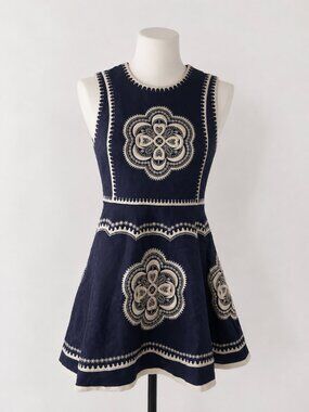 Navy & Cream Embroidered Deco Style Dress - Size Medium